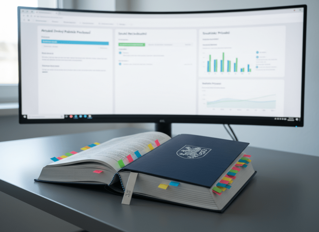 A sleek, dark navy hardcover legal codebook with a subtle silver-embossed Czech lion emblem lies open on a matte graphite desk, surrounded by neatly arranged color-coded sticky tabs and a slim stainless-steel bookmark. Behind it rises a large ultra-wide computer monitor displaying a clean, modern dashboard of legal updates in Czech, with highlighted sections and tidy charts. Cool, diffused daylight from an unseen office window softly illuminates the workspace, creating gentle reflections on the screen and faint shadows along the book’s edges. Photographic realism with a professional, minimalist aesthetic, shot at eye level with a shallow depth of field, the open book in sharp focus and the digital interface slightly blurred, conveying precise, reliable legal monitoring in a calm, ordered environment.
