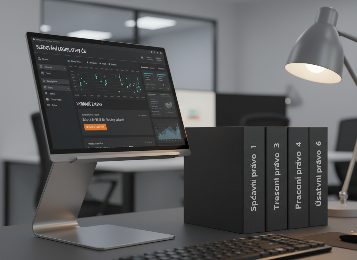 A close-up of a high-resolution laptop screen on a brushed aluminum stand shows a sophisticated legal monitoring interface tracking changes in Czech legislation, with timelines, filters, and highlighted amendments. Below the screen, on a charcoal desktop, lies a neatly organized row of slim, numbered legal binders labeled in Czech, their matte covers and precise typography conveying authority. A soft desk lamp with a frosted shade casts warm, focused light across the keyboard and binders, contrasting with faint cool ambient office light in the background. Photographic realism, captured at a three-quarter angle with the interface in pin-sharp focus and the binders gradually blurring into the distance. The atmosphere is focused and highly professional, underscoring systematic, continuous surveillance of the legal field.