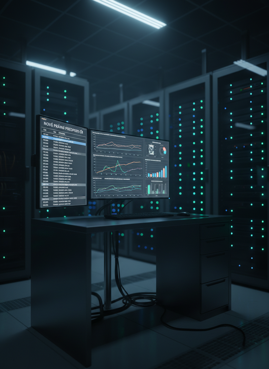 Inside a dim, high-tech server room, a single workstation glows with a multi-monitor setup dedicated to legal monitoring of Czech statutes. One large vertical screen displays a structured feed of new legal provisions with timestamps and references, while another shows analytic graphs of regulatory changes over time. The dark metal of server racks and network equipment surrounds the station, punctuated by tiny green and blue status LEDs. Cool, directional overhead lighting creates subtle reflections on brushed metal surfaces and a faint halo around the monitors. Photographic realism, captured at a slightly low, cinematic angle with moderate depth of field, keeping the work area in focus and the distant racks gently blurred. The atmosphere is secure, precise, and technologically advanced, emphasizing robust, automated legal monitoring infrastructure.