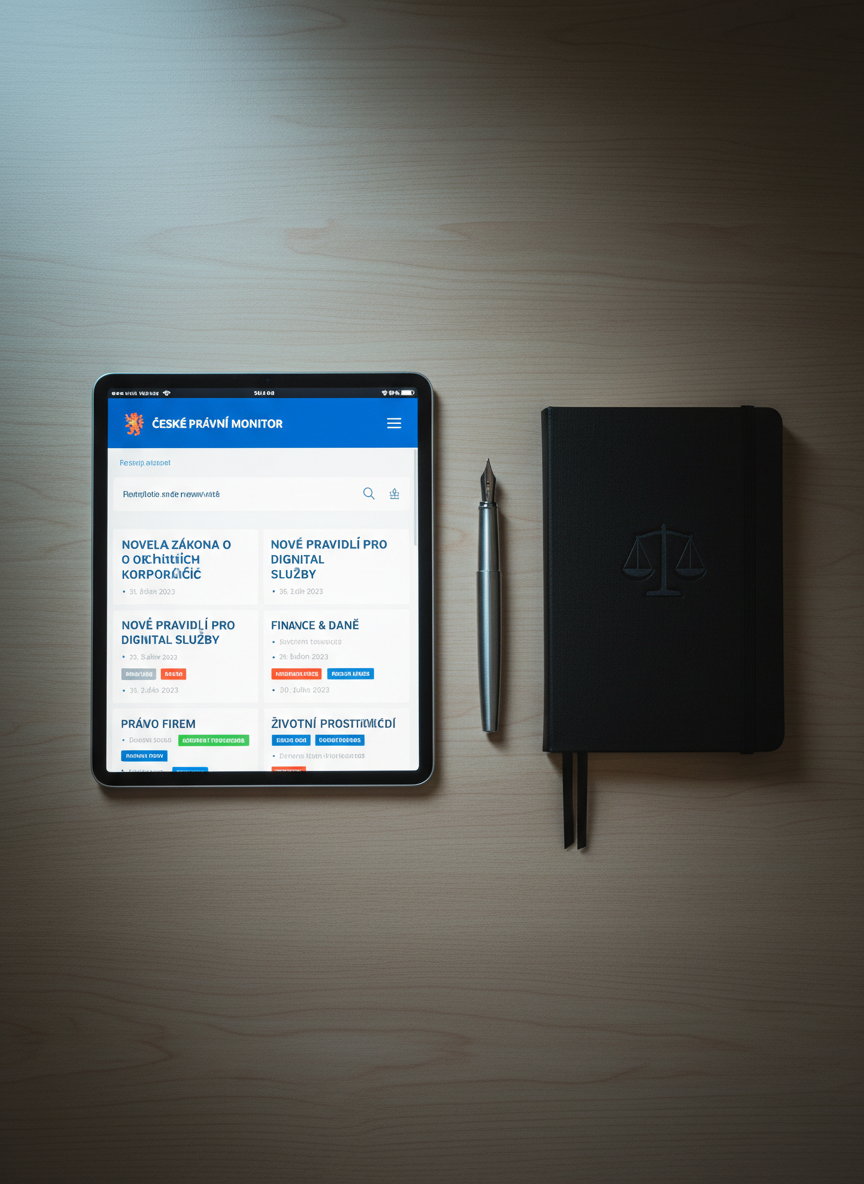 A minimalist desktop scene shows a tablet in landscape orientation displaying a real-time stream of structured Czech legal news and legislative changes, each entry tagged by sector and date. Beside the tablet lies a slim, matte black notebook with a debossed scales-of-justice symbol and a precisely aligned fountain pen with a brushed steel body. The surface is a smooth, light oak desk, with a faint reflection of the tablet screen. Cool, diffused morning light from a nearby window softly illuminates the setting, while a subtle vignette keeps attention on the screen. Photographic realism, shot from a top-down, flat-lay perspective with crisp focus across the frame. The atmosphere is clear, efficient, and methodical, suggesting mobile, always-on monitoring of Czech legal developments.