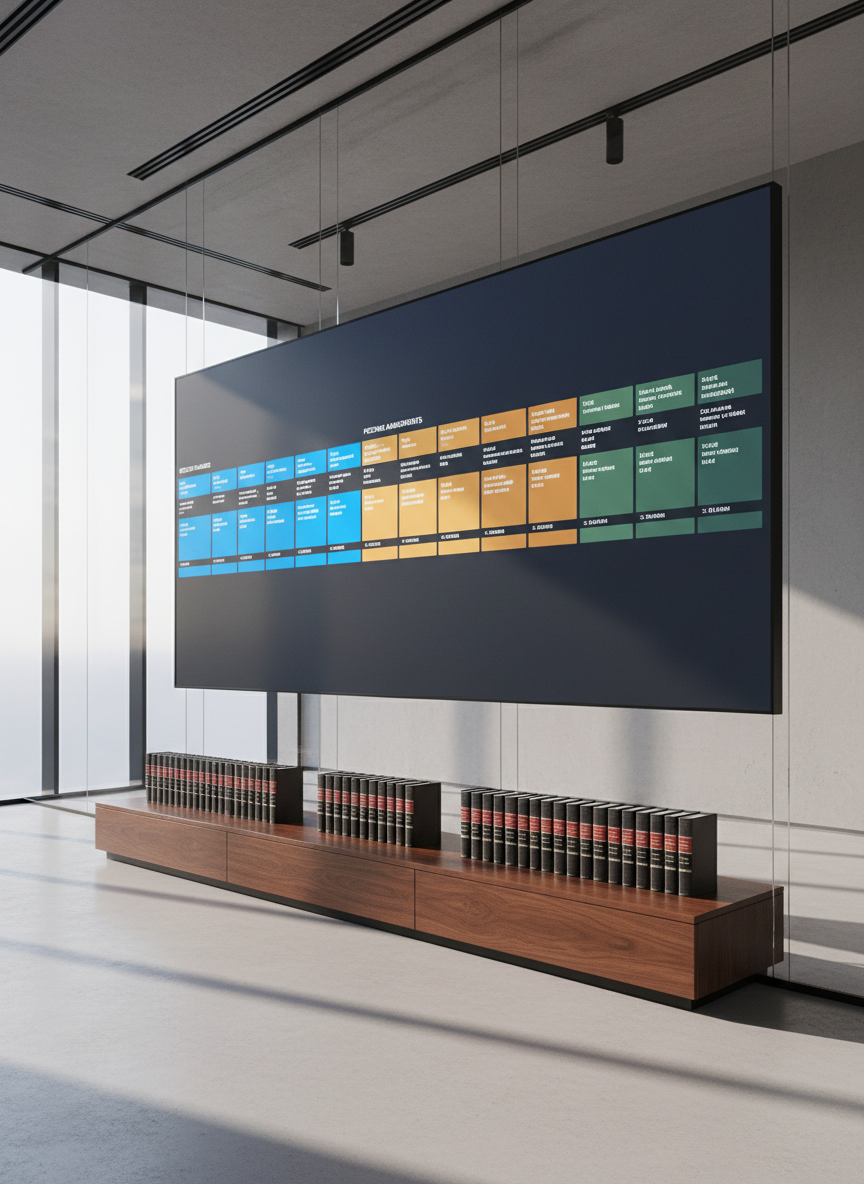 An elegant, glass-walled office corner contains a large digital wall display showing a structured timeline of Czech legal acts, color-coded to indicate recent changes, pending amendments, and archived laws. Below the display, a low, dark wood console holds carefully arranged, slim black and burgundy volumes of Czech statutes, all with uniform metallic spines. Late afternoon natural light floods through the glass, producing long, soft shadows on the floor and a gentle glow on the polished wood. Photographic realism, captured from a wide-angle, slightly low perspective to emphasize the scale of the monitoring system. The mood is calm, authoritative, and forward-looking, highlighting a well-organized, constantly updated overview of the legal environment without any clutter or distractions.