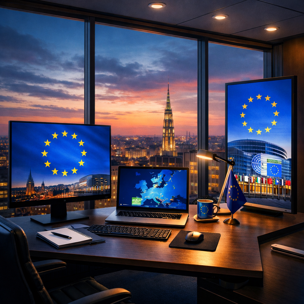 Office desk with multiple screens showing European Union flags and a map of Europe, with city skyline at sunset through large windows.